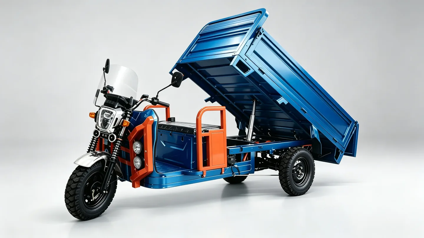 T1800-N-D hydraulic tipping cargo tricycle with the bed raised, left front view