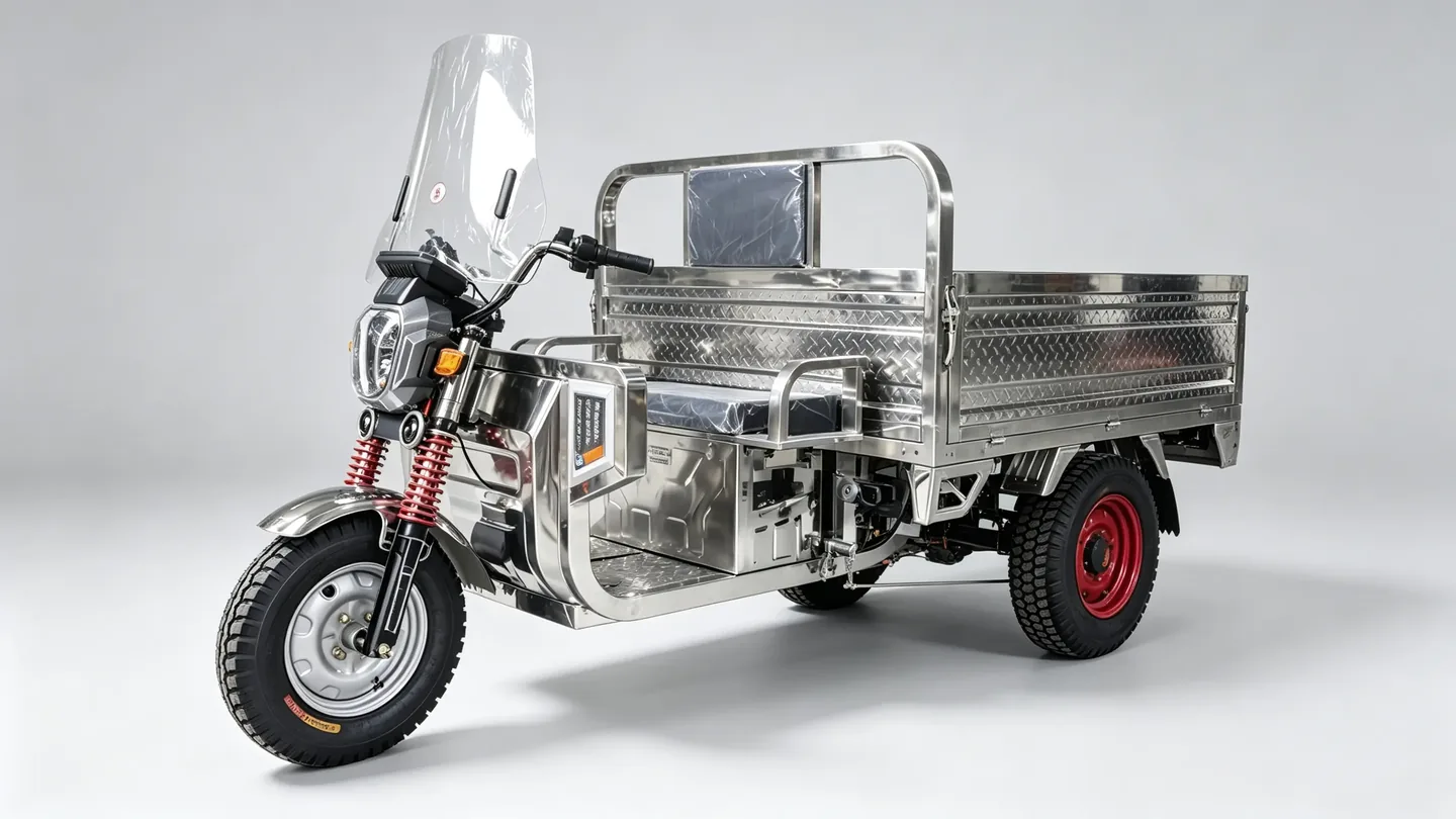 T1800-S-D stainless steel hydraulic tipping cargo tricycle, left front view